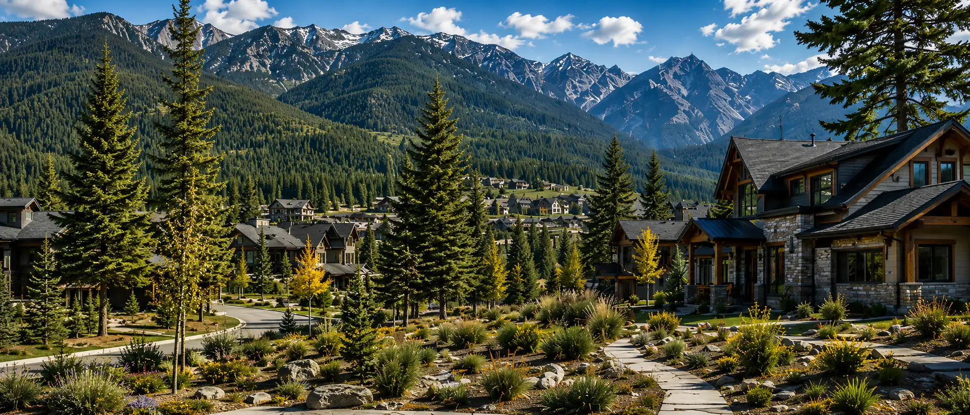 Wildfire-resilient home with FireSmart landscaping in front of the Rocky Mountains